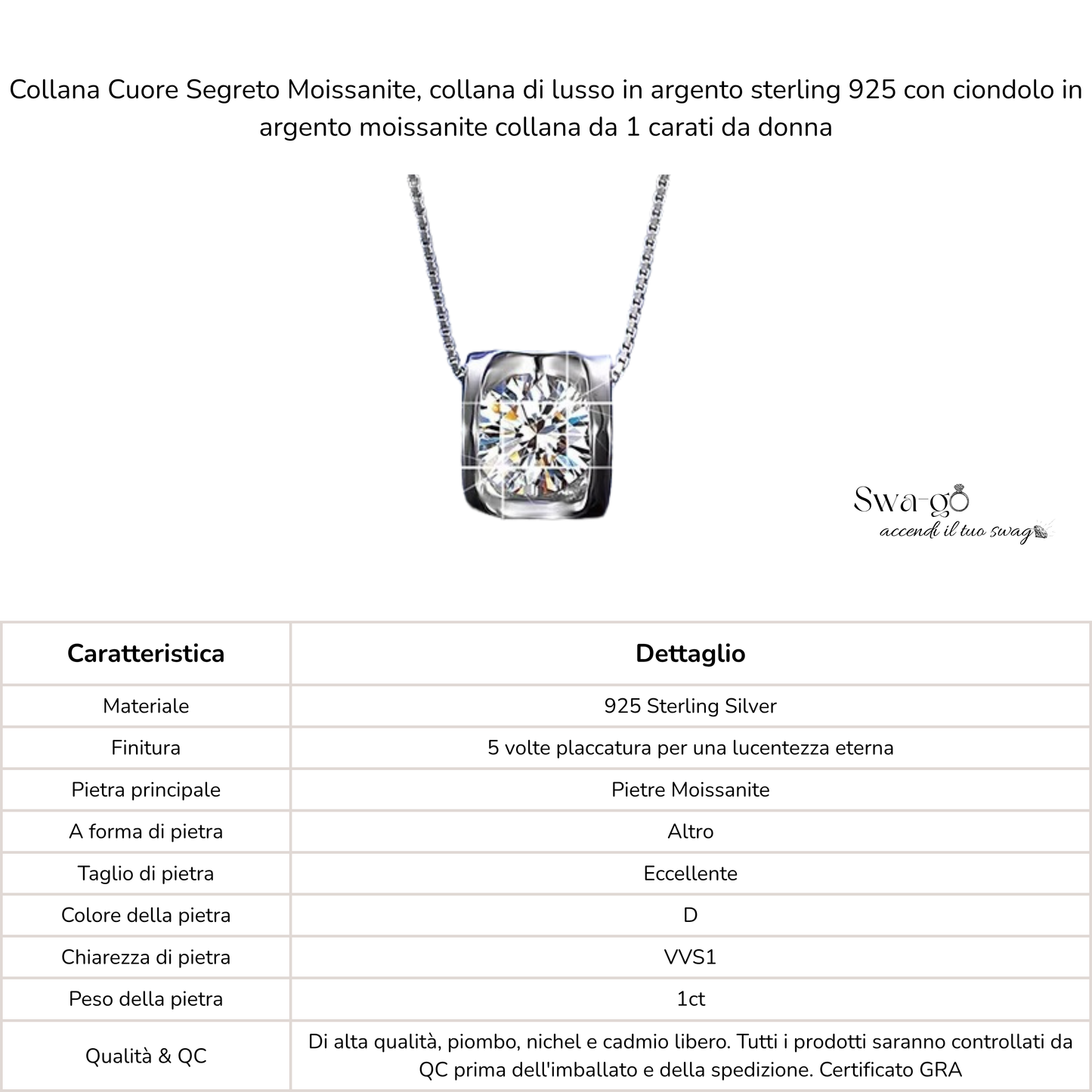 Dettagli e caratteristiche della collana in moissnaite, colore VVS1 CT