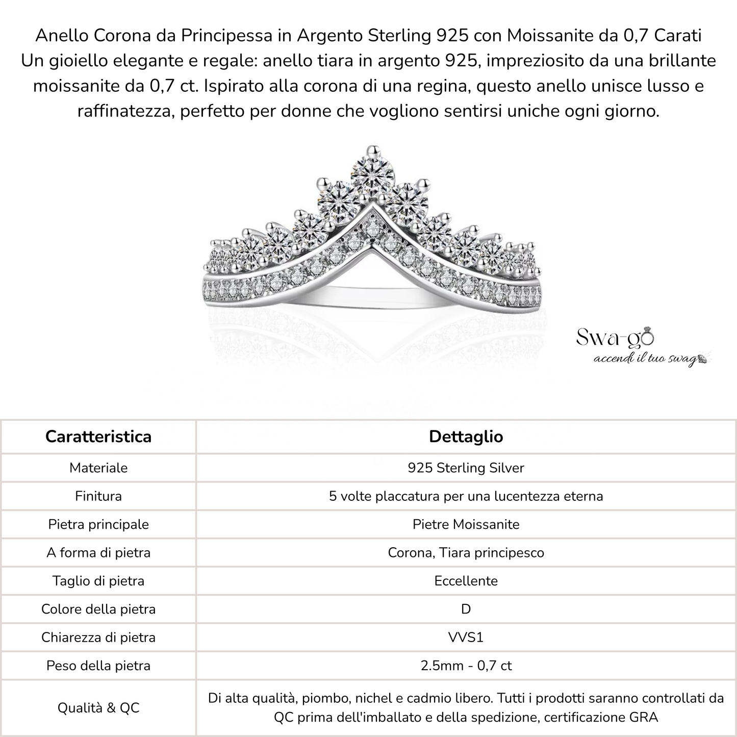 Tabella con dettagli tecnici dell’anello tiara con moissanite, argento 925 e certificazione GRA
