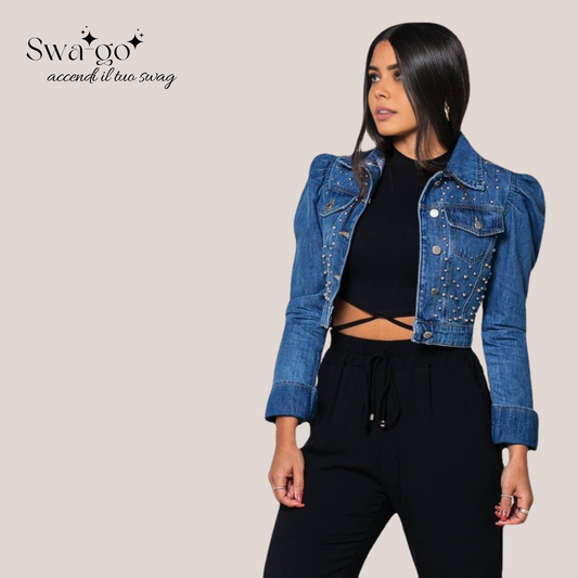 Giacca jeans donna corta con borchie fronte