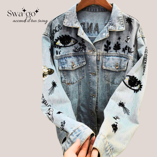 Giacca jeans donna ricamata Peace and Love fronte