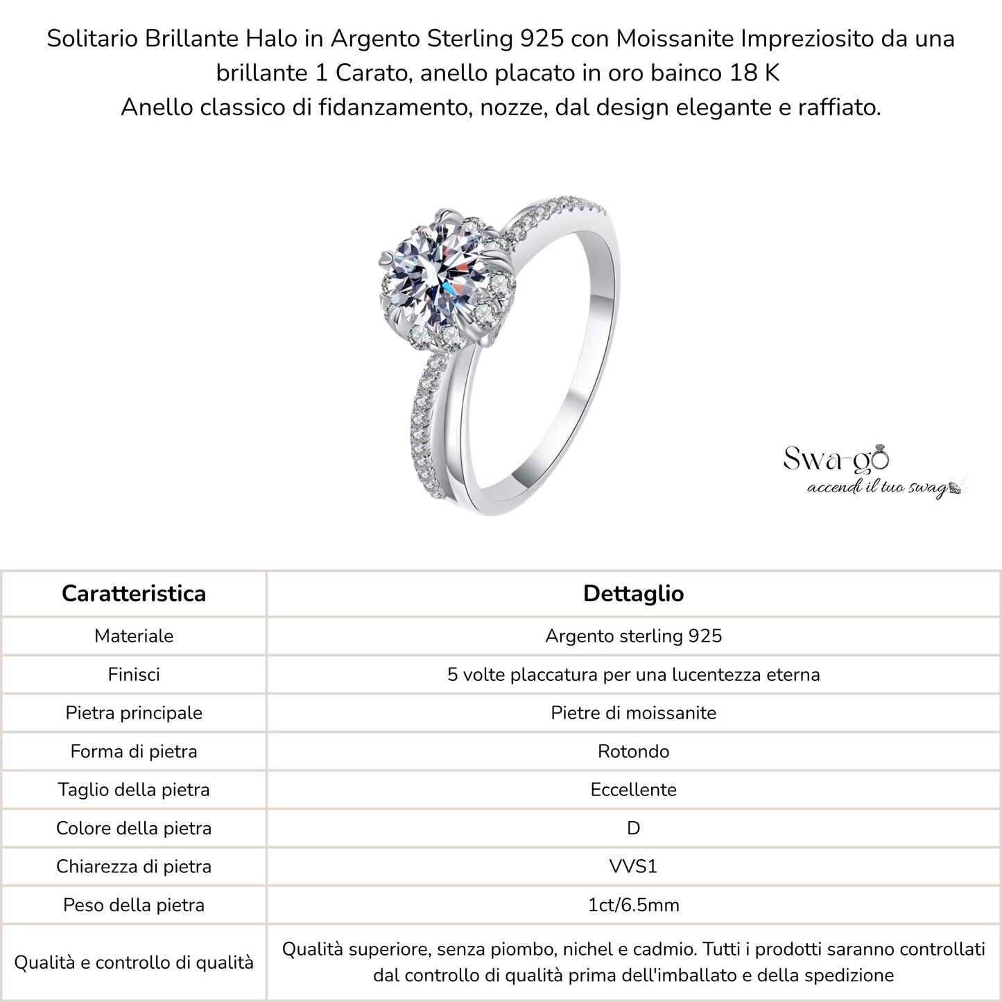 Finitura oro bianco su argento 925 con moissanite brillante centrale