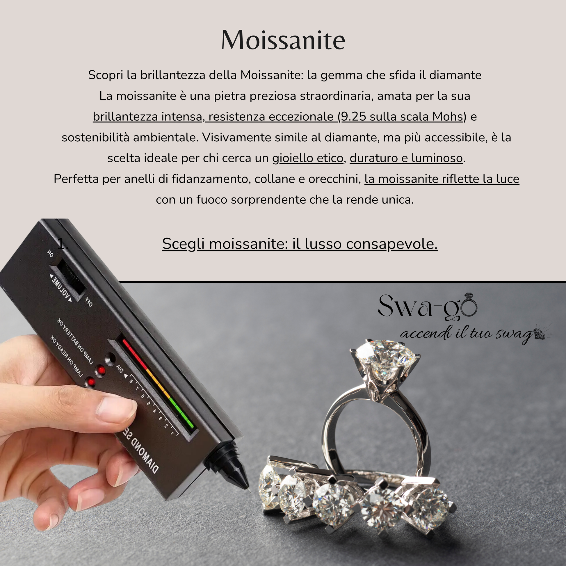 Test di brillantezza della moissanite con diamond tester e anelli in primo piano