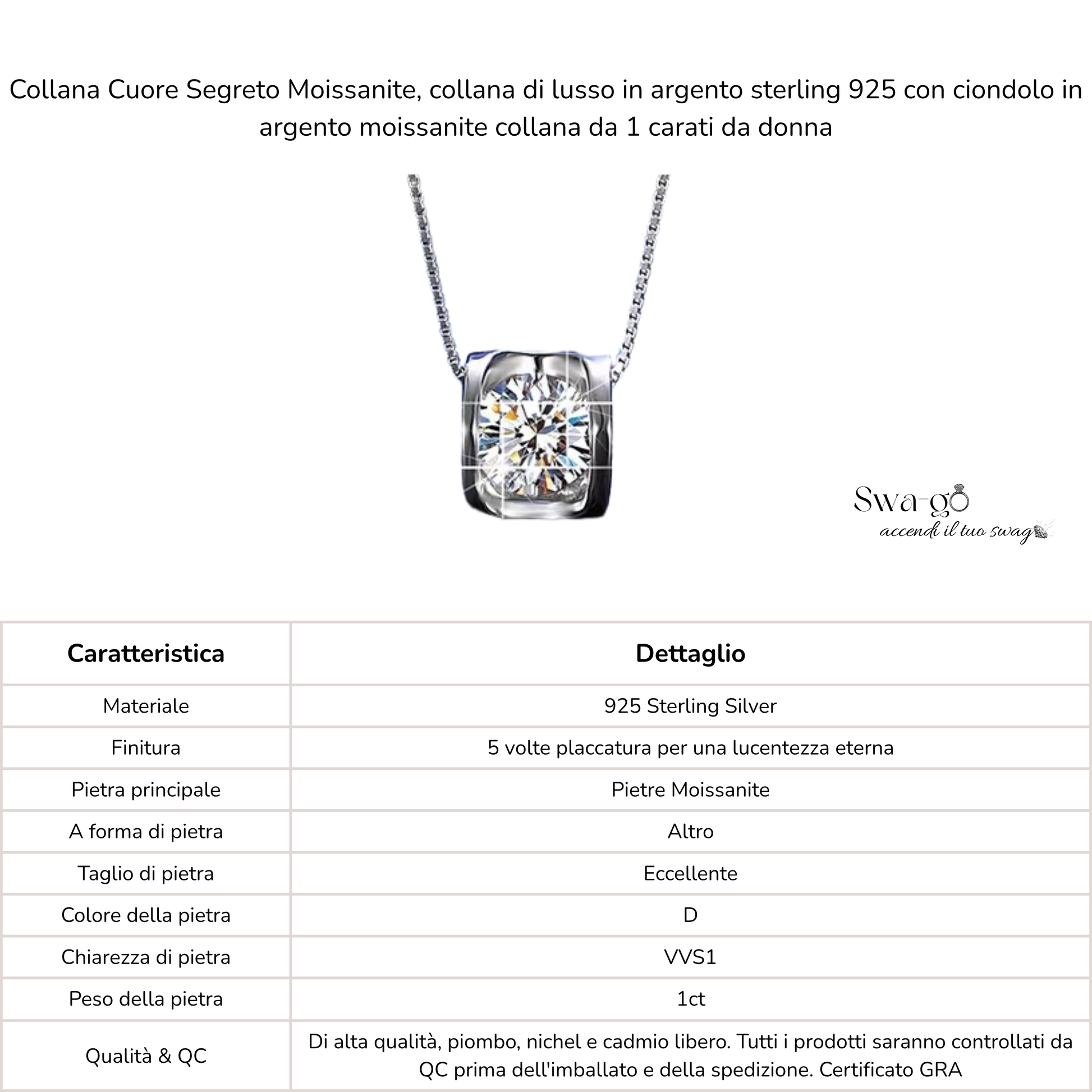 Dettagli e caratteristiche della collana in moissnaite, colore VVS1  CT