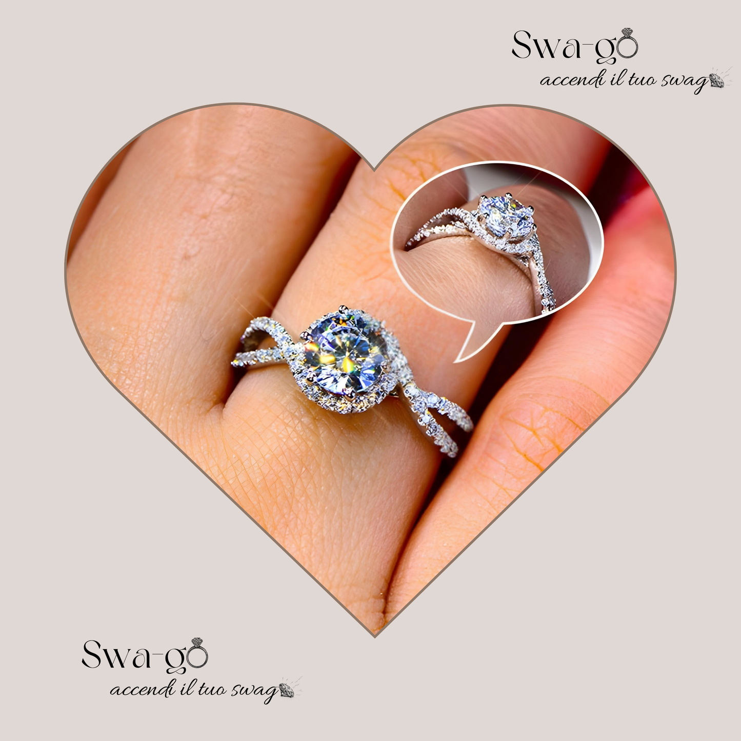 Immagine di un anello infinity moissanite indossato mano femminile luce e dettaglio con pietra Moissanite certificata. Design moderno e luminoso, ideale per chi cerca eleganza e sostenibilità in un anello di alta qualità.