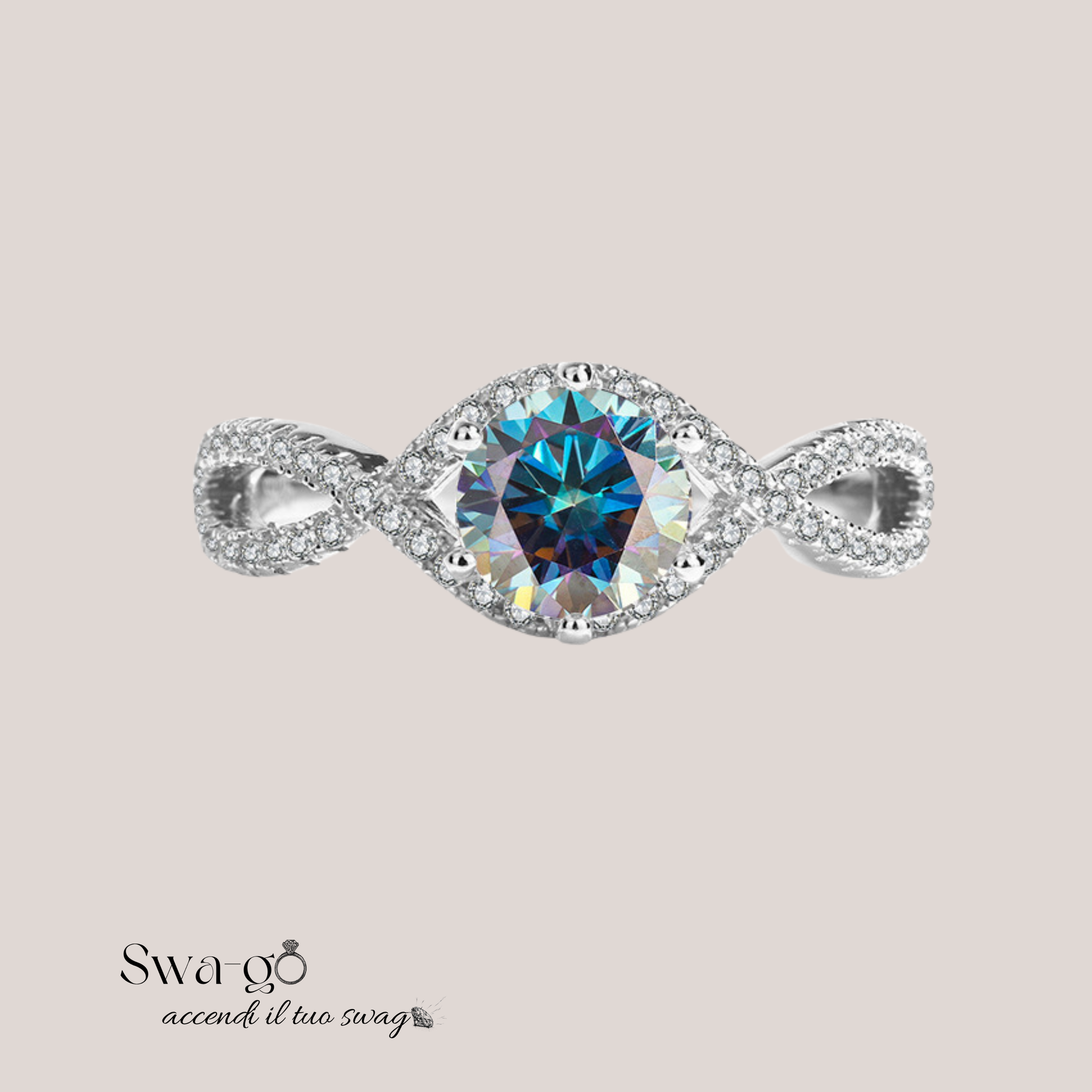 Immagine di un anello moissanite blu pietra taglio brillante elegante e raffinato con pietra Moissanite certificata, nota per la sua brillantezza e durata eccezionali. Perfetto per fidanzamento o regalo elegante.