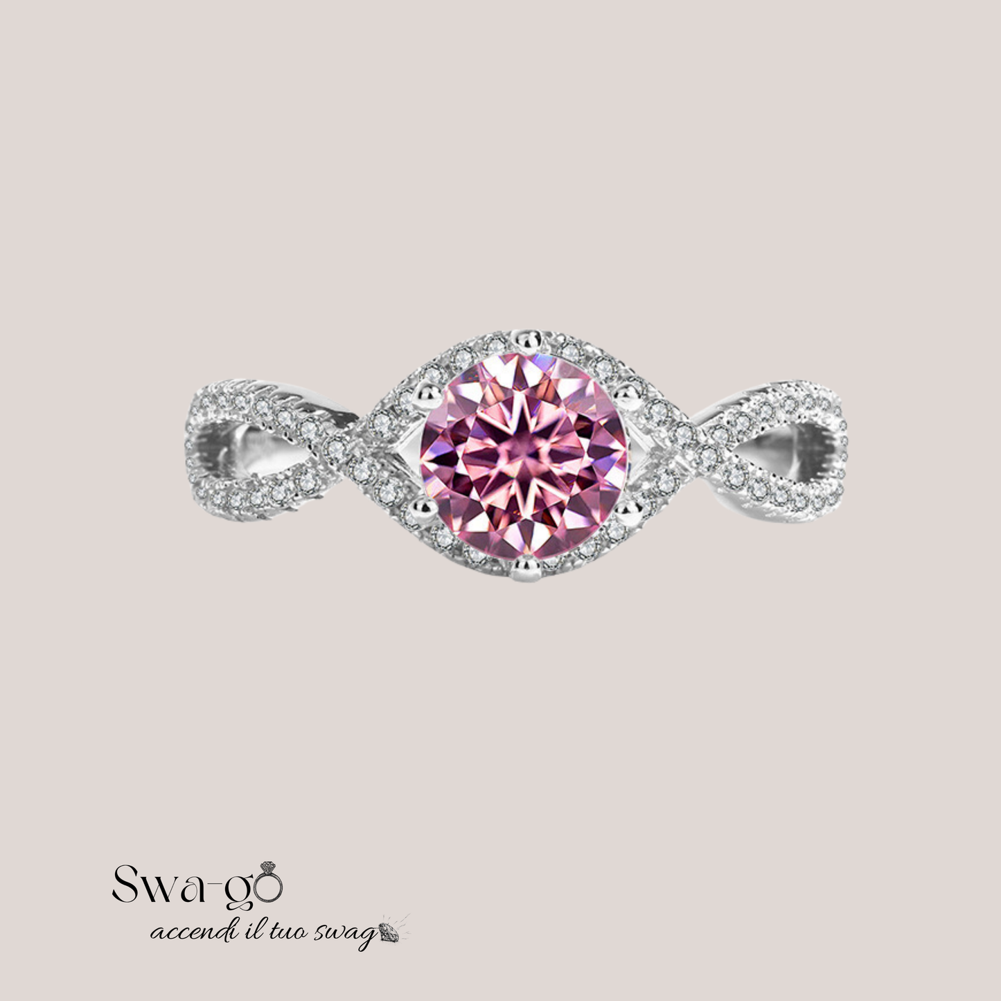 Immagine di un anello moissanite rosa pietra centrale brillante gioiello da sogno con pietra Moissanite certificata, nota per la sua brillantezza e durata eccezionali. Perfetto per fidanzamento o regalo elegante.