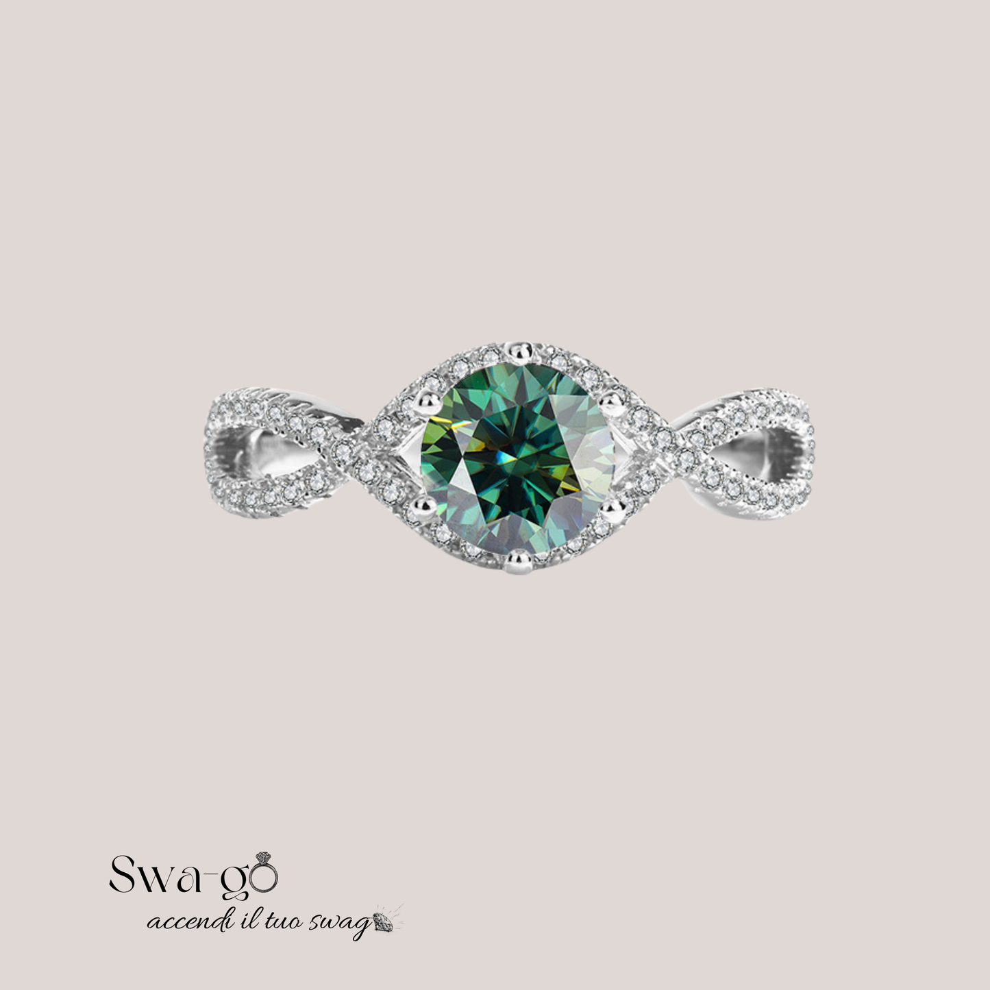 Immagine di un anello moissanite verde pietra centrale colorata design luminoso moderno con pietra Moissanite certificata, nota per la sua brillantezza e durata eccezionali. Perfetto per fidanzamento o regalo elegante.