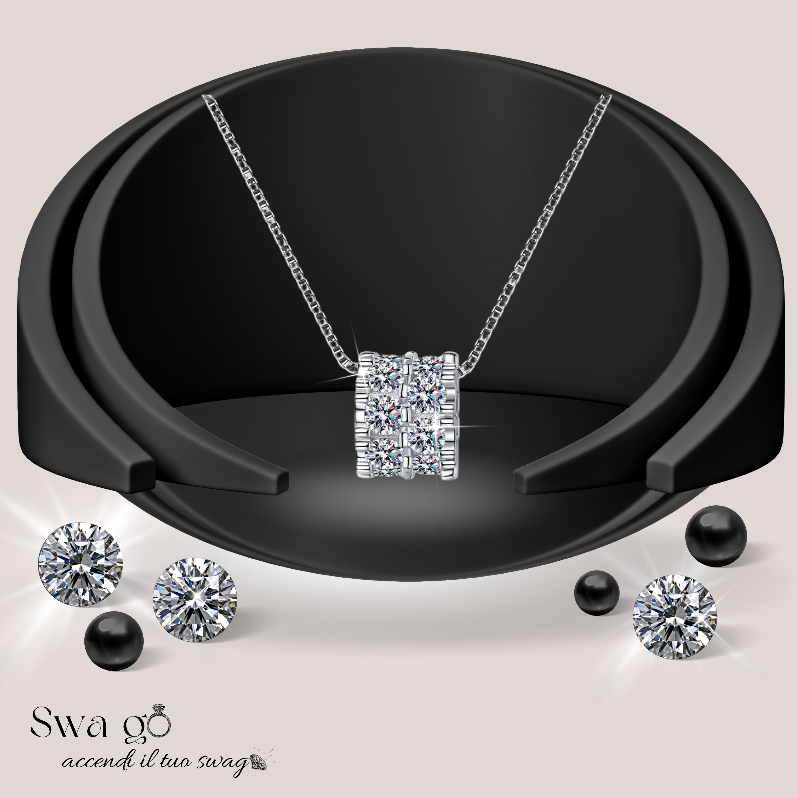Collana con ciondolo cilindro in Moissanite presentata in elegante display nero con pietre.