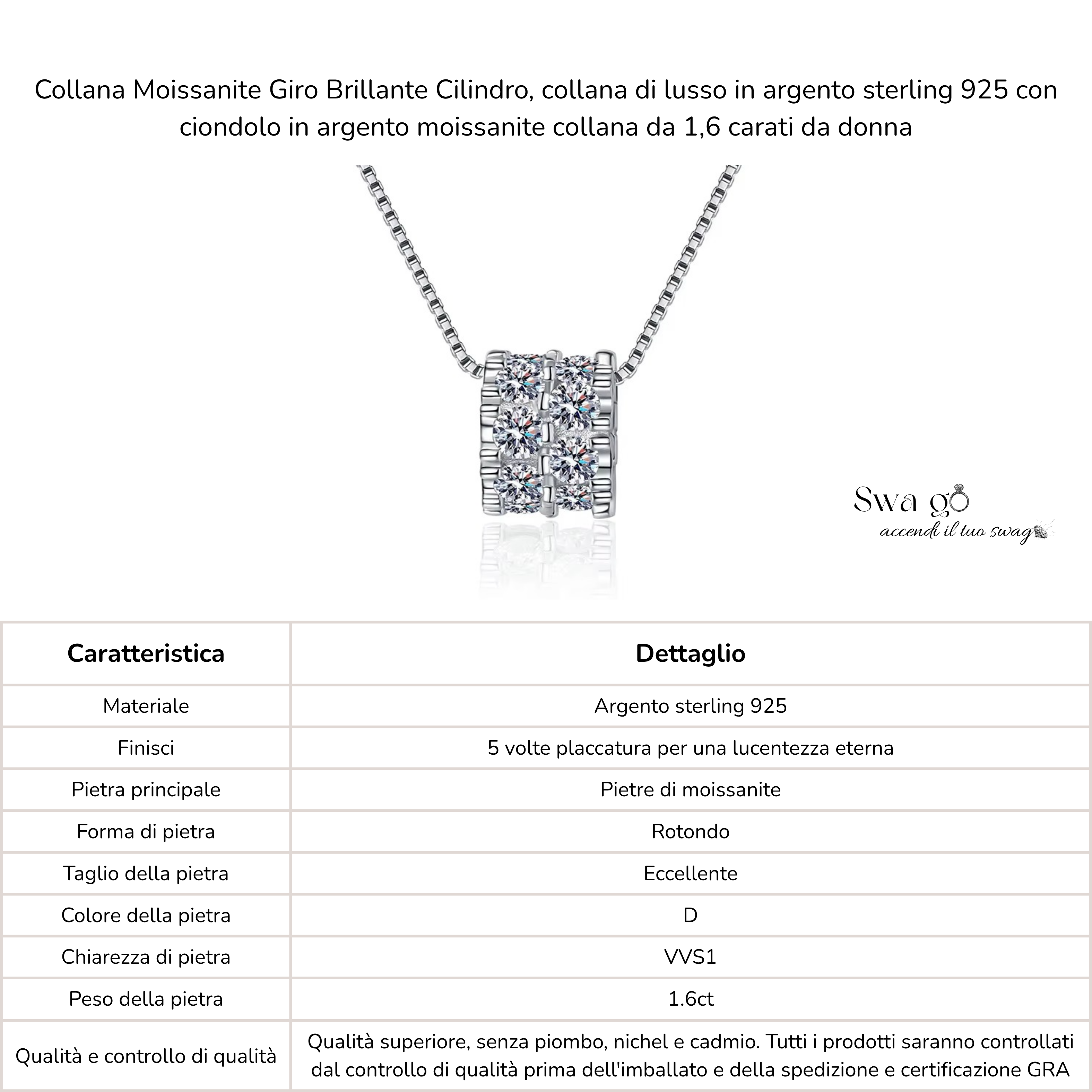Collana in argento 925 con ciondolo cilindrico in Moissanite brillante da 1.6 carati.