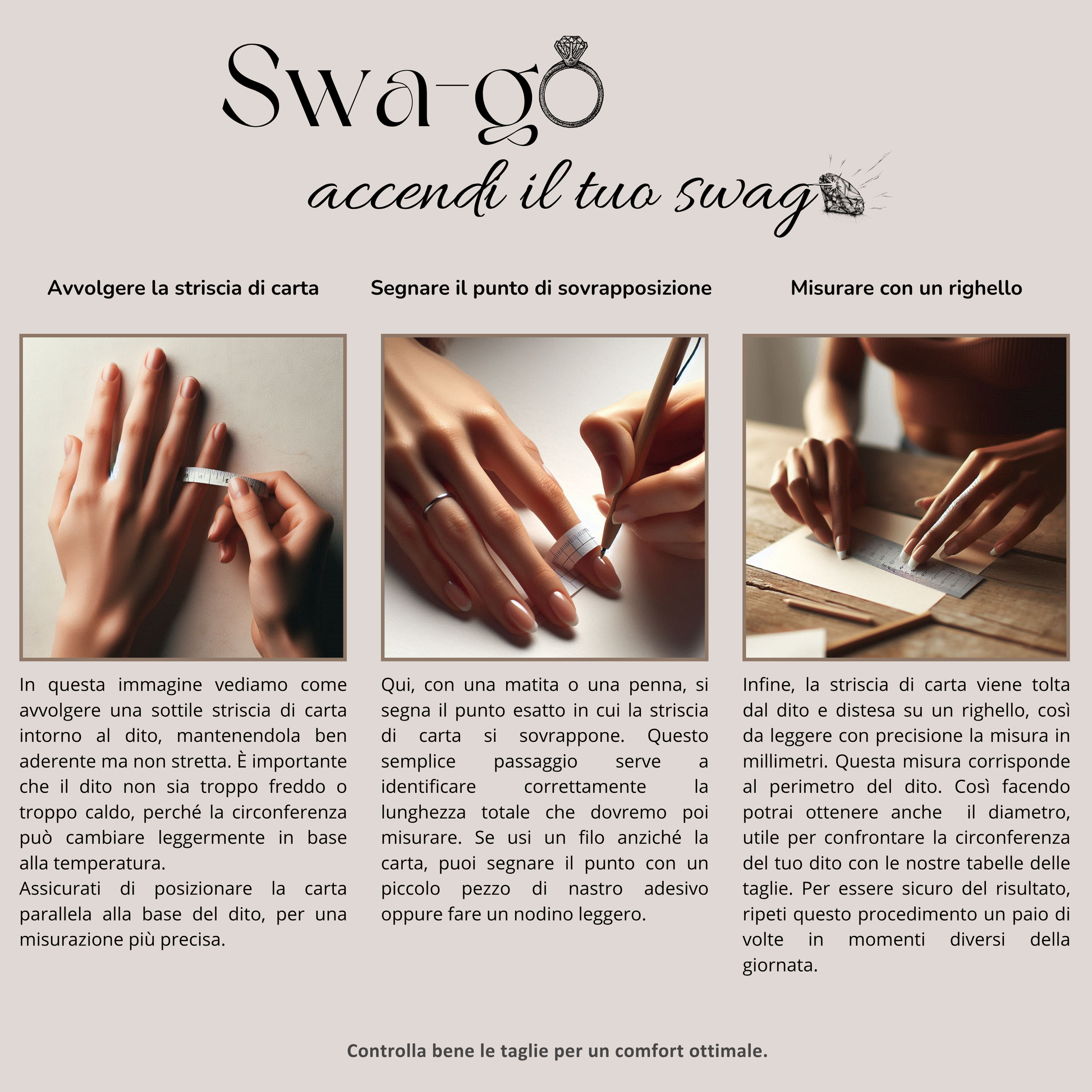 Guida illustrata per misurare la misura dell’anello usando una striscia di carta, penna e righello