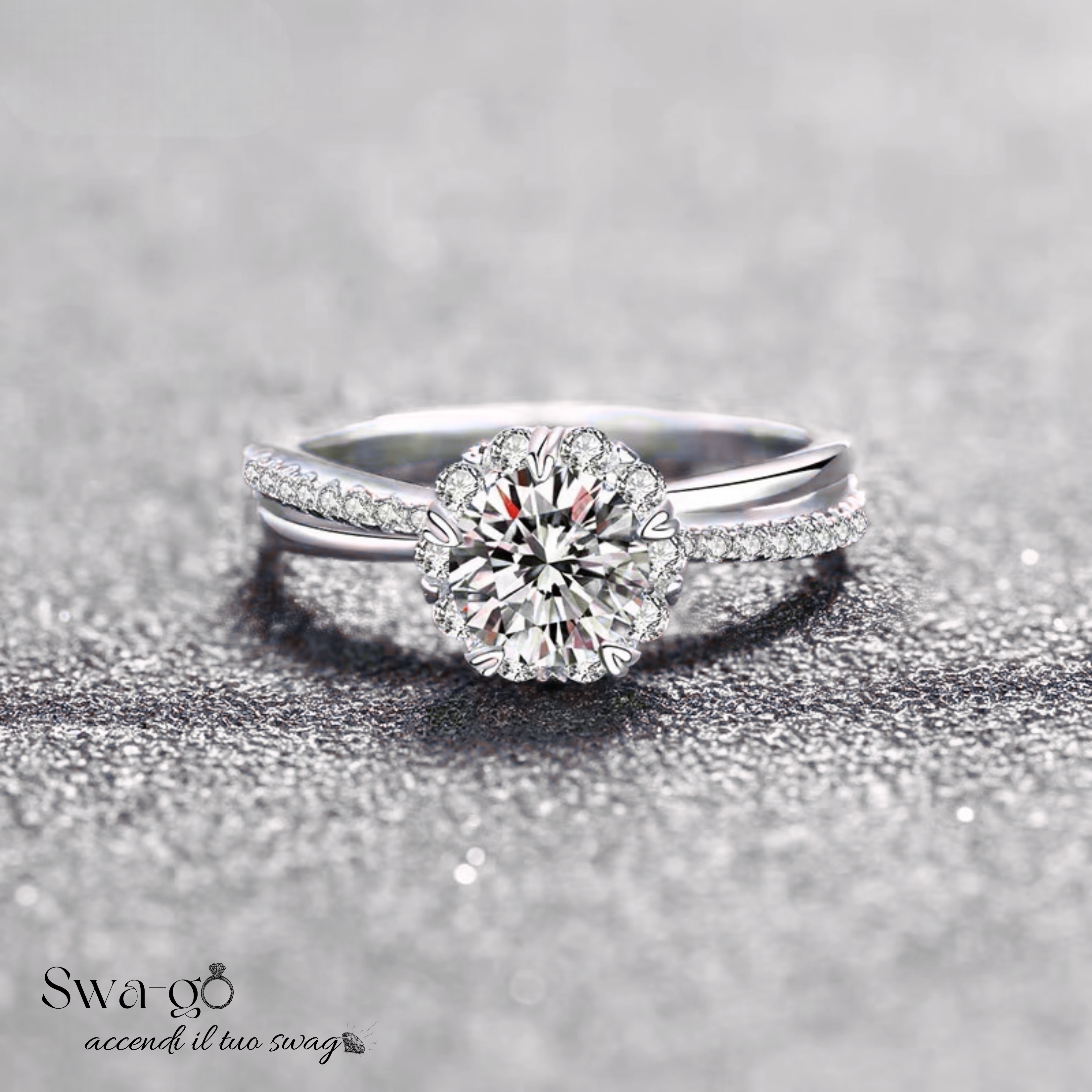 Dettaglio pietra centrale moissanite 1 carato su anello in argento 925