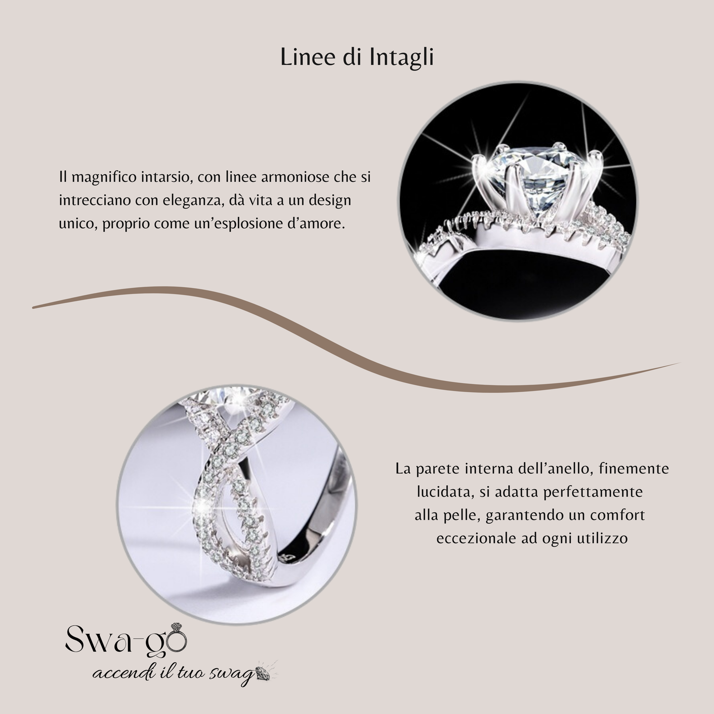 Immagine di un intagli anello moissanite design intrecciato elegante interno lucido con pietra Moissanite certificata, nota per la sua brillantezza e durata eccezionali. Perfetto per fidanzamento o regalo elegante.